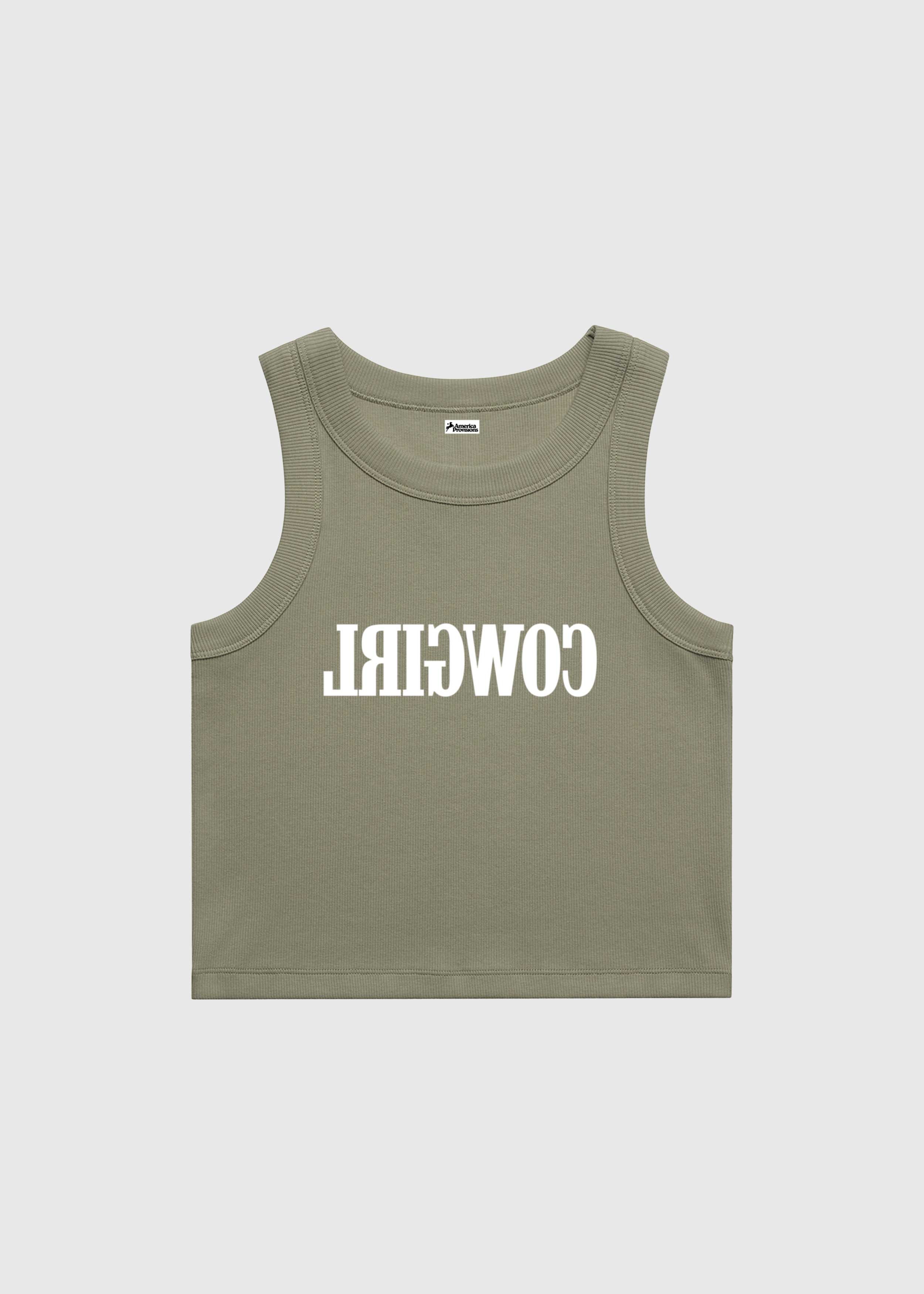 Eucalyptus crop top with red text saying Cowgirl backwards and red high-waisted bikini bottoms on a white background