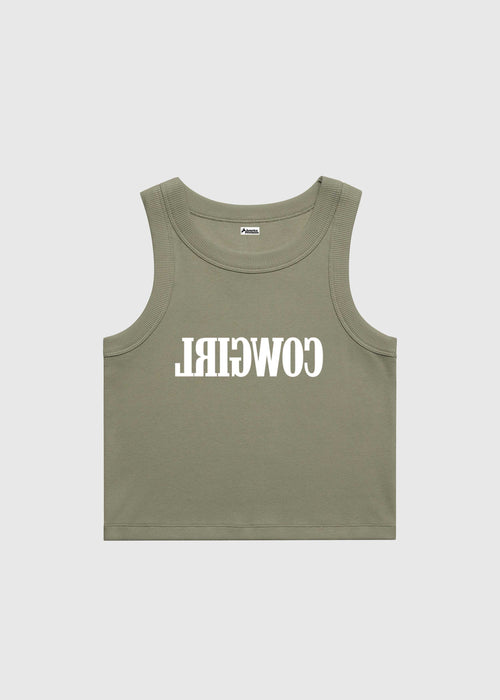 Eucalyptus crop top with red text saying Cowgirl backwards and red high-waisted bikini bottoms on a white background