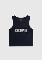 Navy crop top with red text saying Cowgirl backwards and red high-waisted bikini bottoms on a white background