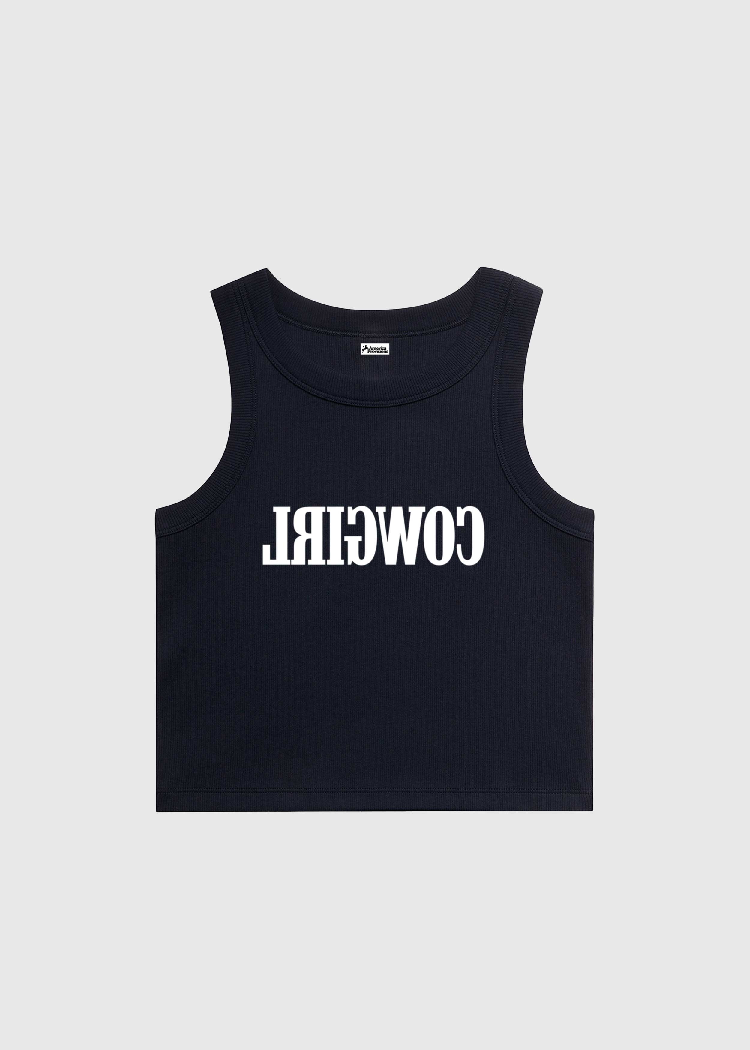 Navy crop top with red text saying Cowgirl backwards and red high-waisted bikini bottoms on a white background