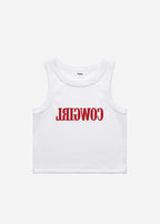 White crop top with red text saying Cowgirl backwards and red high-waisted bikini bottoms on a white background