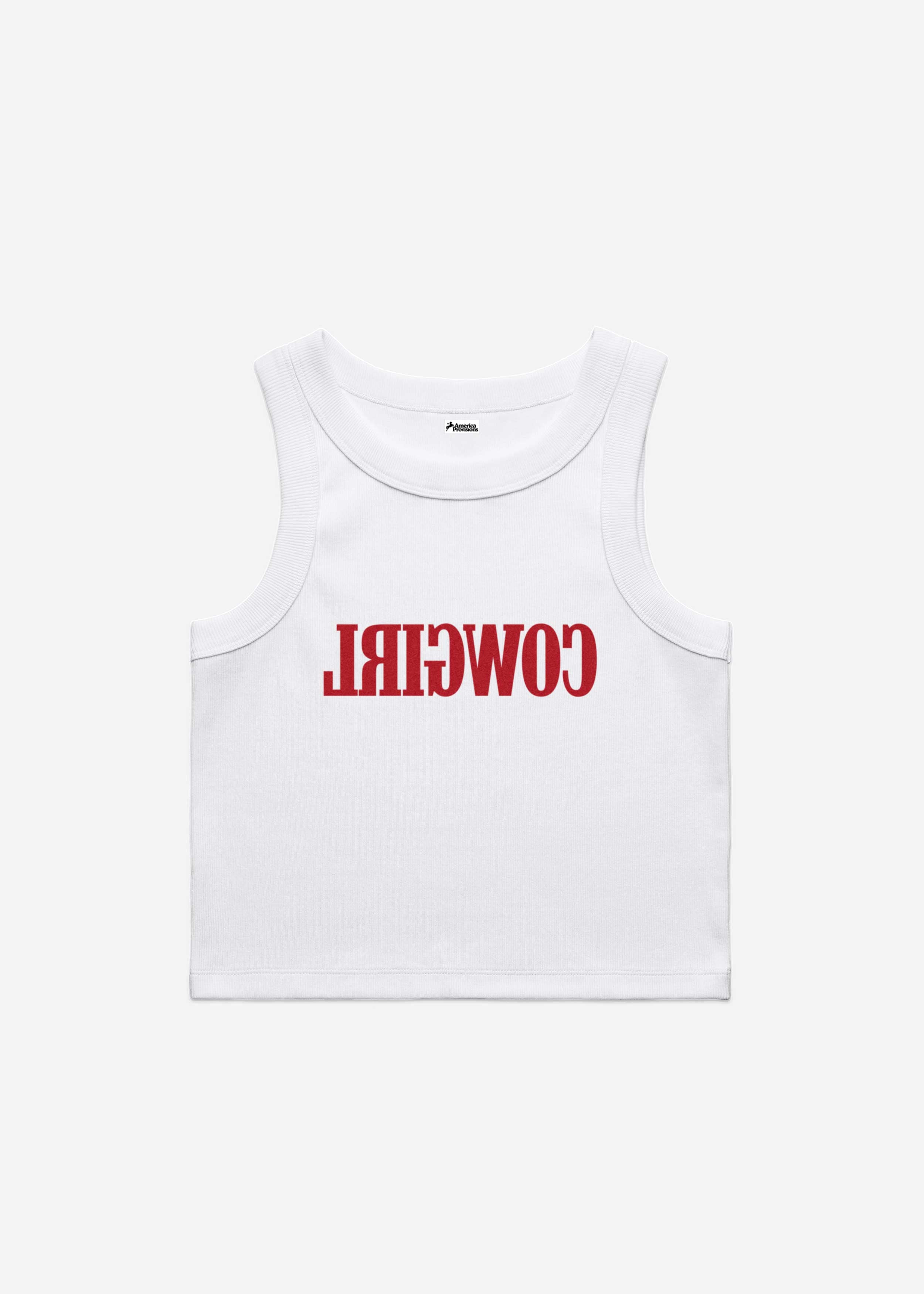 White crop top with red text saying Cowgirl backwards and red high-waisted bikini bottoms on a white background