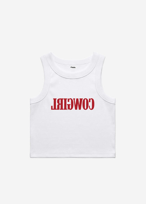 White crop top with red text saying Cowgirl backwards and red high-waisted bikini bottoms on a white background