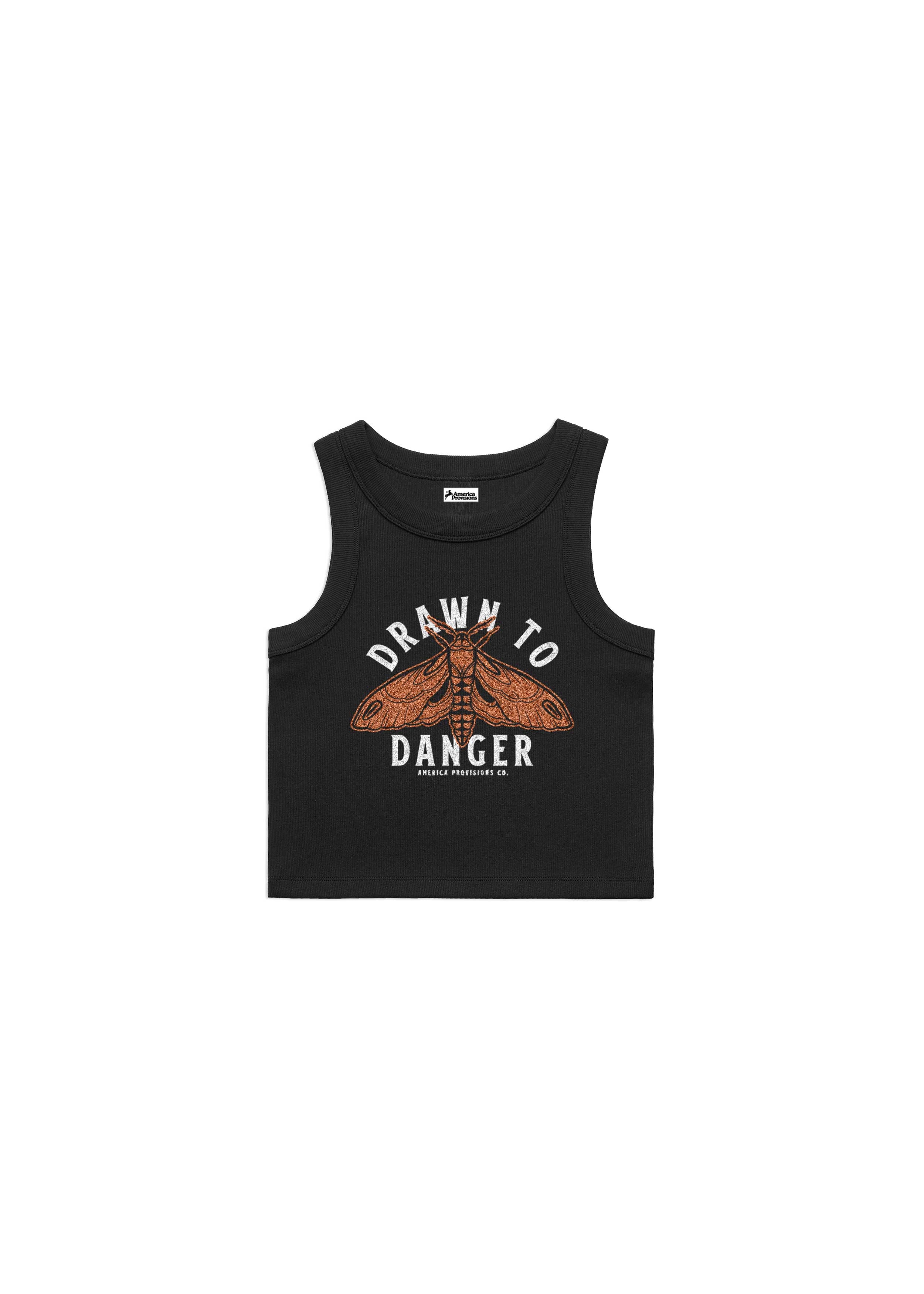 Black tank top with graphic design and text on a white background