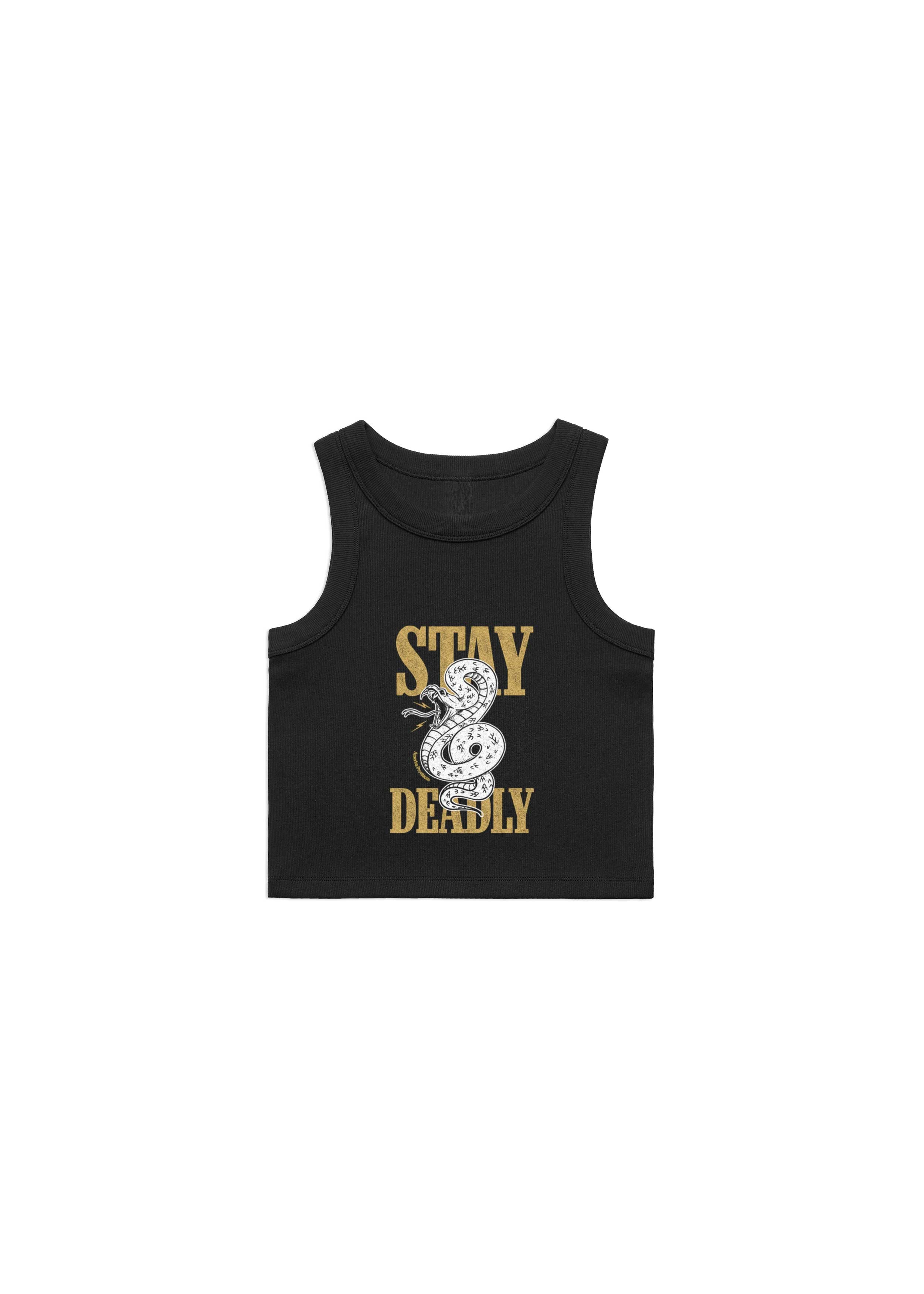 Black tank top with 'Stay Deadly' graphic design on a white background